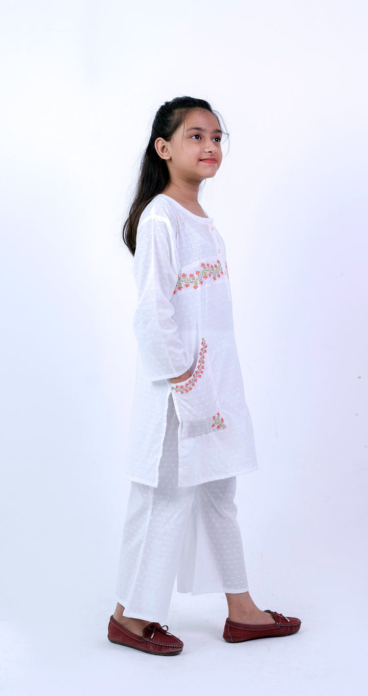Girls' Elegant White Floral Embroidered Lawn Suit - 2 Piece Set