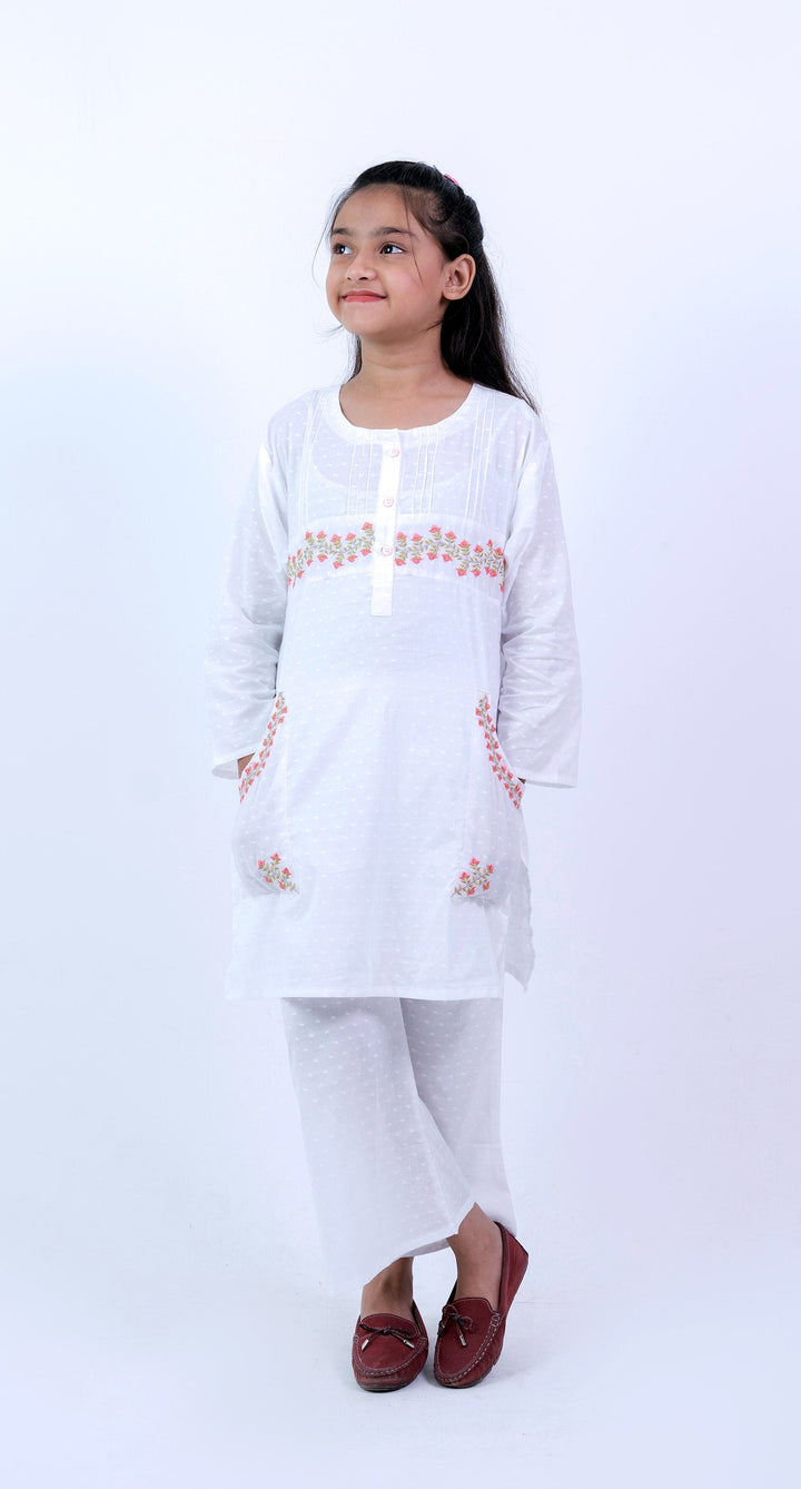Girls' Elegant White Floral Embroidered Lawn Suit - 2 Piece Set