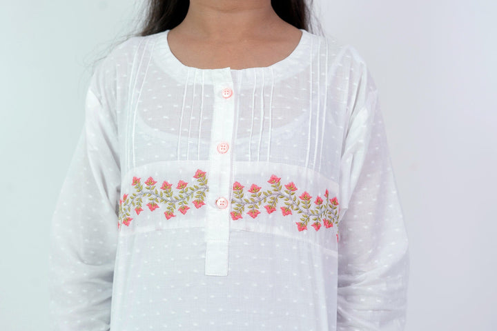Girls' Elegant White Floral Embroidered Lawn Suit - 2 Piece Set