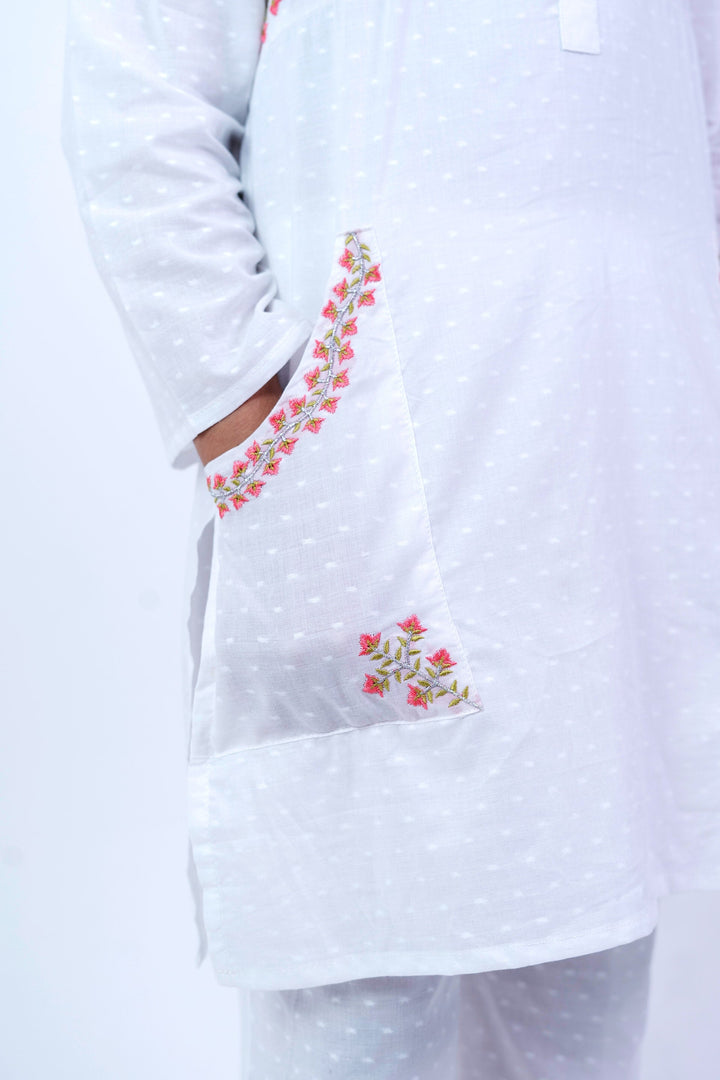 Girls' Elegant White Floral Embroidered Lawn Suit - 2 Piece Set