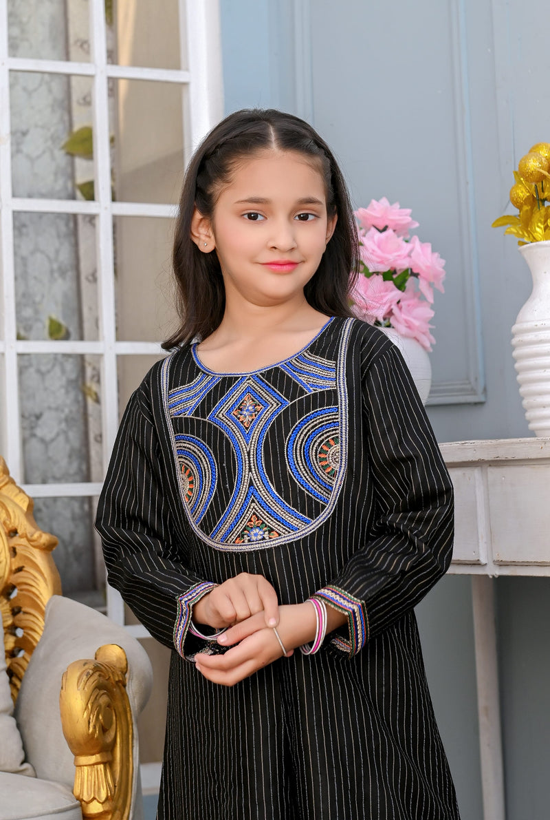 Girls Elegant Black Pinstripe Embroidered 2-Piece Ethnic Suit