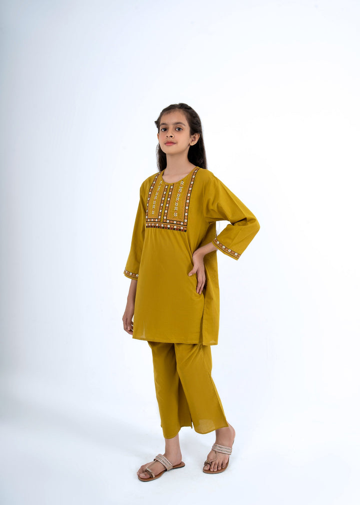 Girls' Mustard Embroidered 2-Piece Ethnic Kurta Set