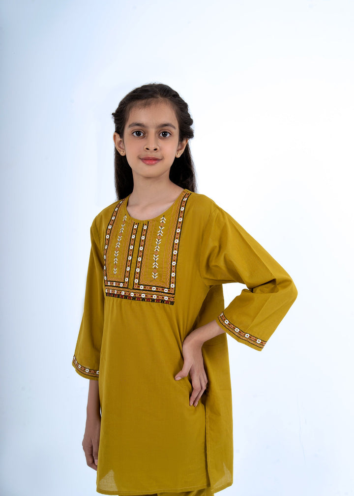 Girls' Mustard Embroidered 2-Piece Ethnic Kurta Set