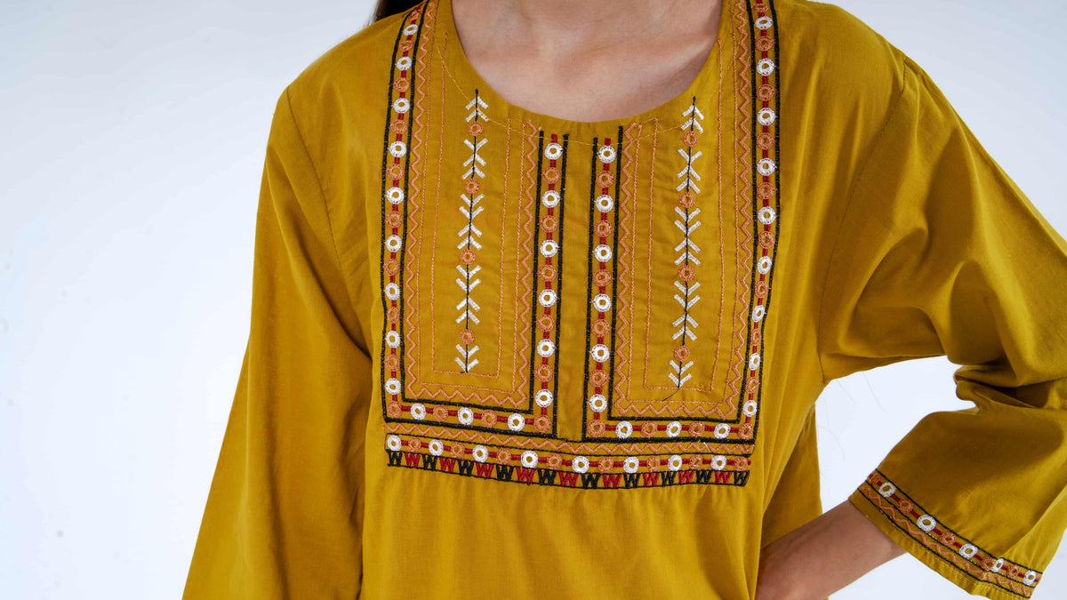 Girls' Mustard Embroidered 2-Piece Ethnic Kurta Set Vesto.Pk
