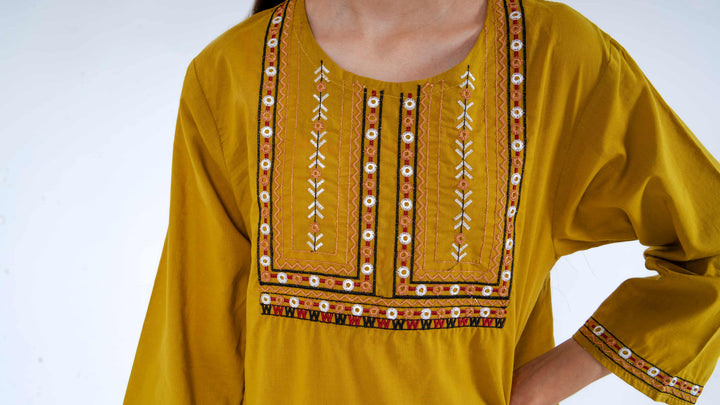 Girls' Mustard Embroidered 2-Piece Ethnic Kurta Set