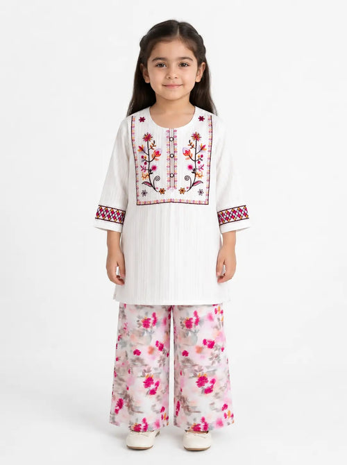 Elegant White Embroidered Cotton 2-Piece Suit - Floral Print Trousers