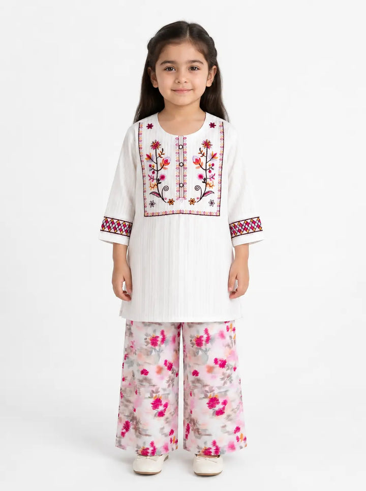 Elegant White Embroidered Cotton 2-Piece Suit - Floral Print Trousers