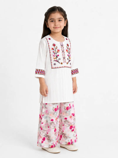Elegant White Embroidered Cotton 2-Piece Suit - Floral Print Trousers