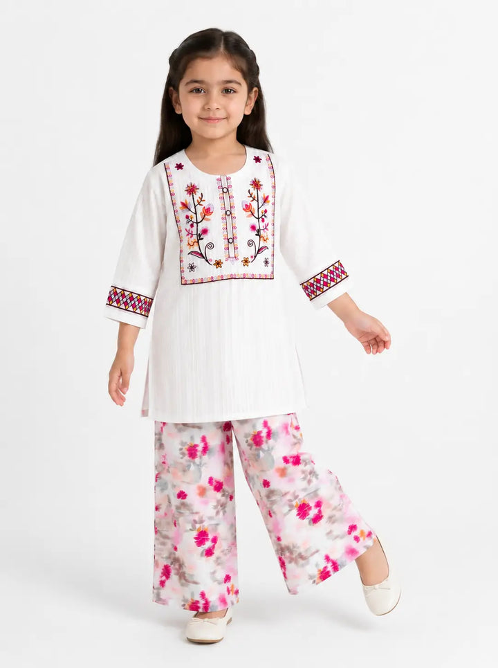 Elegant White Embroidered Cotton 2-Piece Suit - Floral Print Trousers