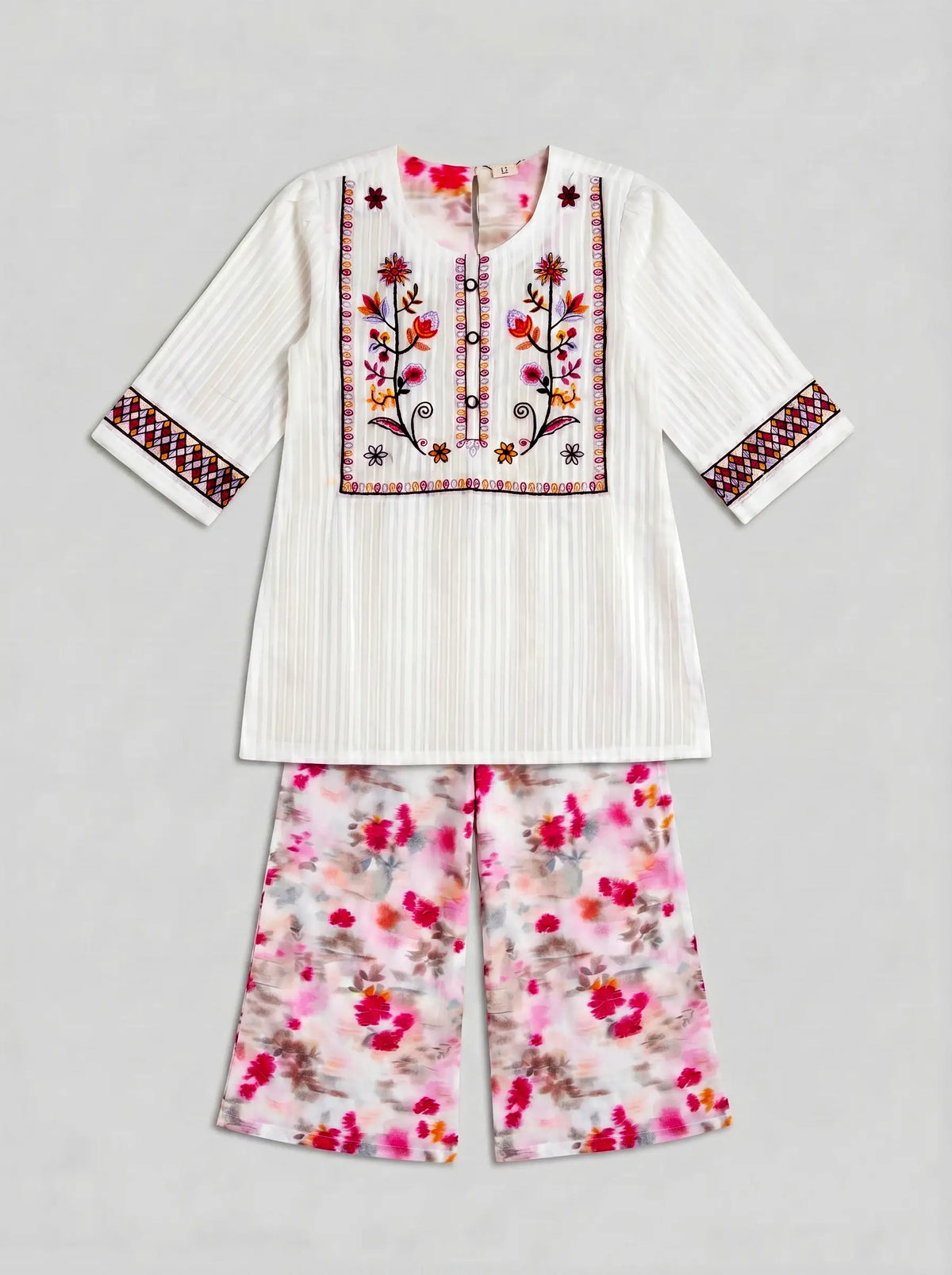 Elegant White Embroidered Cotton 2-Piece Suit - Floral Print Trousers
