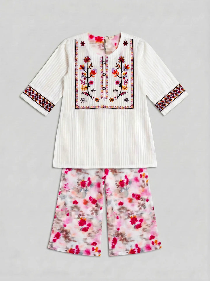 Elegant White Embroidered Cotton 2-Piece Suit - Floral Print Trousers