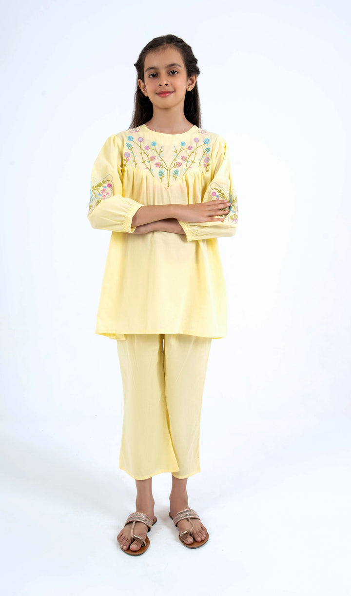 Girls' Sunny Yellow Floral Butterfly Embroidered 2-Piece Ethnic Suit