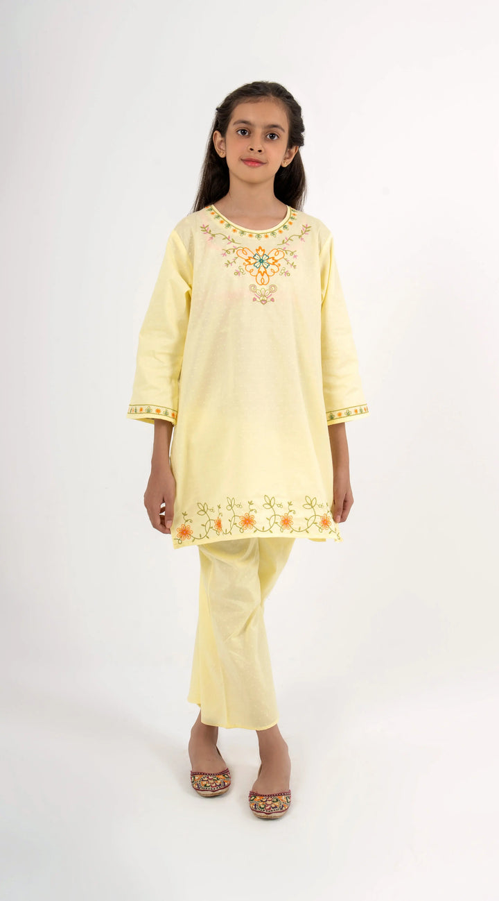 Girls' Sunny Yellow Floral Butterfly Embroidered 2-Piece Ethnic Suit