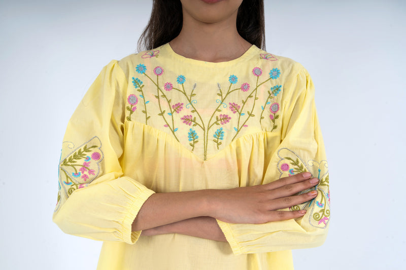 Girls' Sunny Yellow Floral Butterfly Embroidered 2-Piece Ethnic Suit