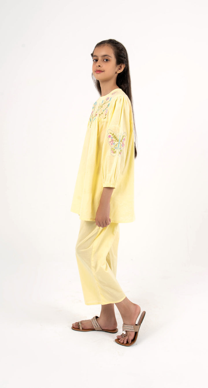 Girls' Sunny Yellow Floral Butterfly Embroidered 2-Piece Ethnic Suit