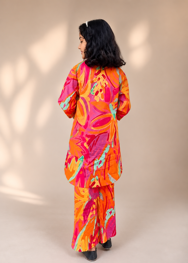 Girls' Vibrant Floral 2-Piece Embroidered Co-ord Set - Festive Collection