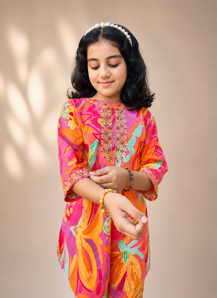 Girls' Vibrant Floral 2-Piece Embroidered Co-ord Set - Festive Collection