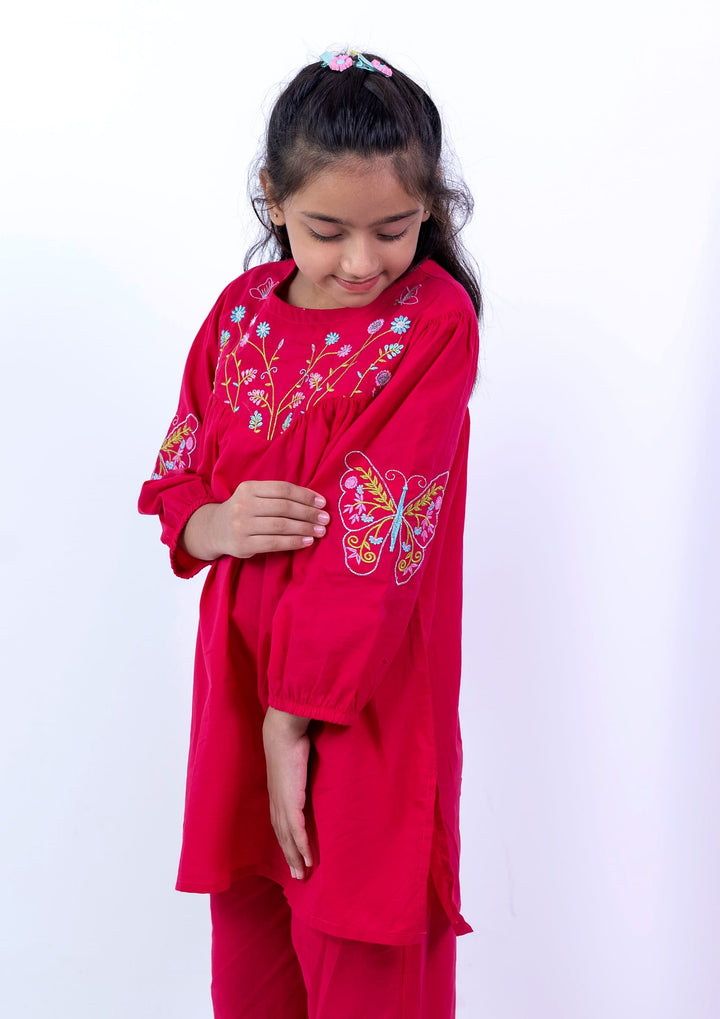 Girls' Vibrant Red Embroidered Butterfly 2-Piece Suit