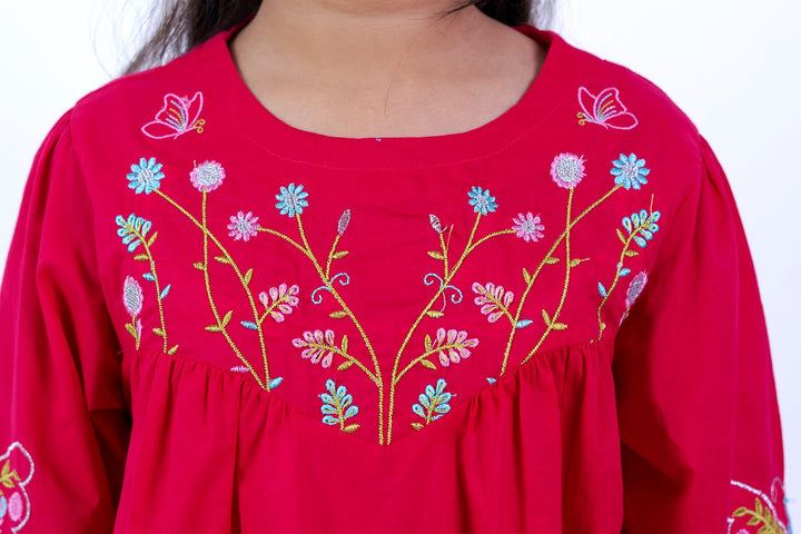 Girls' Vibrant Red Embroidered Butterfly 2-Piece Suit