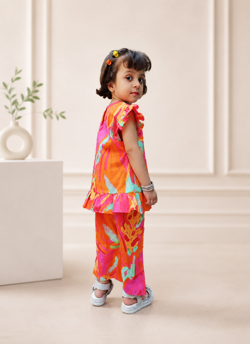 Girls' Vibrant Tropical Ruffled Co-ord Set - Pink & Orange Floral Vesto.Pk