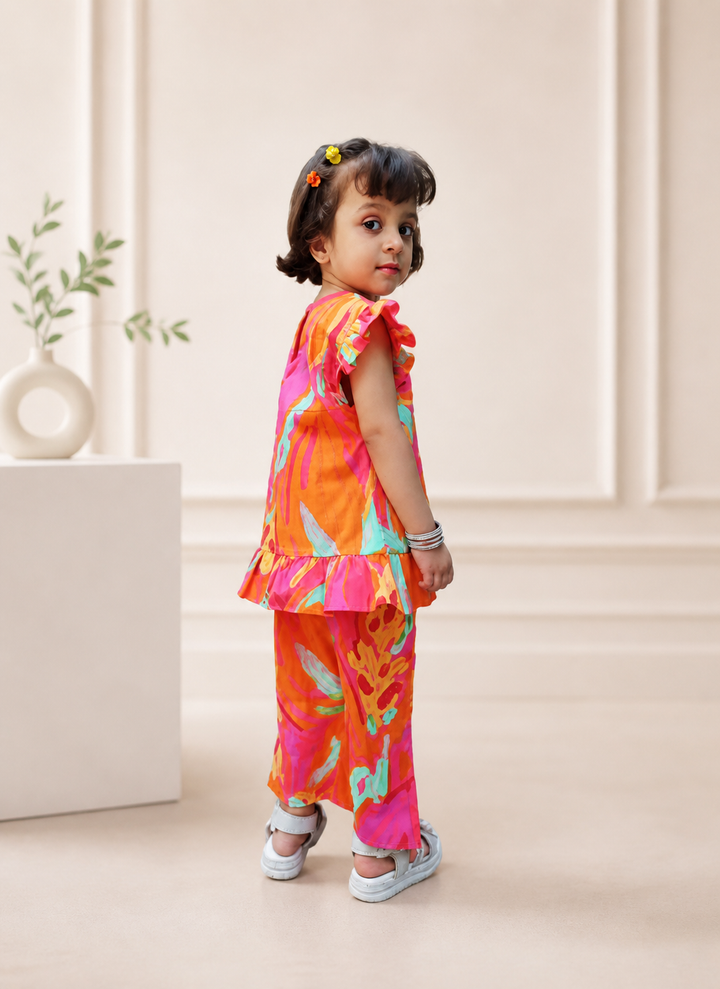Girls' Vibrant Tropical Ruffled Co-ord Set - Pink & Orange Floral