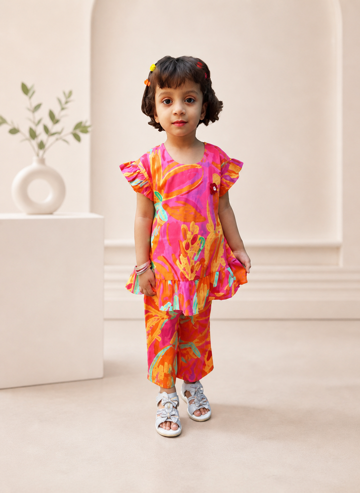 Girls' Vibrant Tropical Ruffled Co-ord Set - Pink & Orange Floral