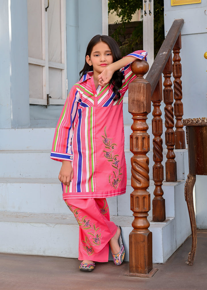 Girls' Vibrant Pink Striped Embroidered Two-Piece Fusion Suit