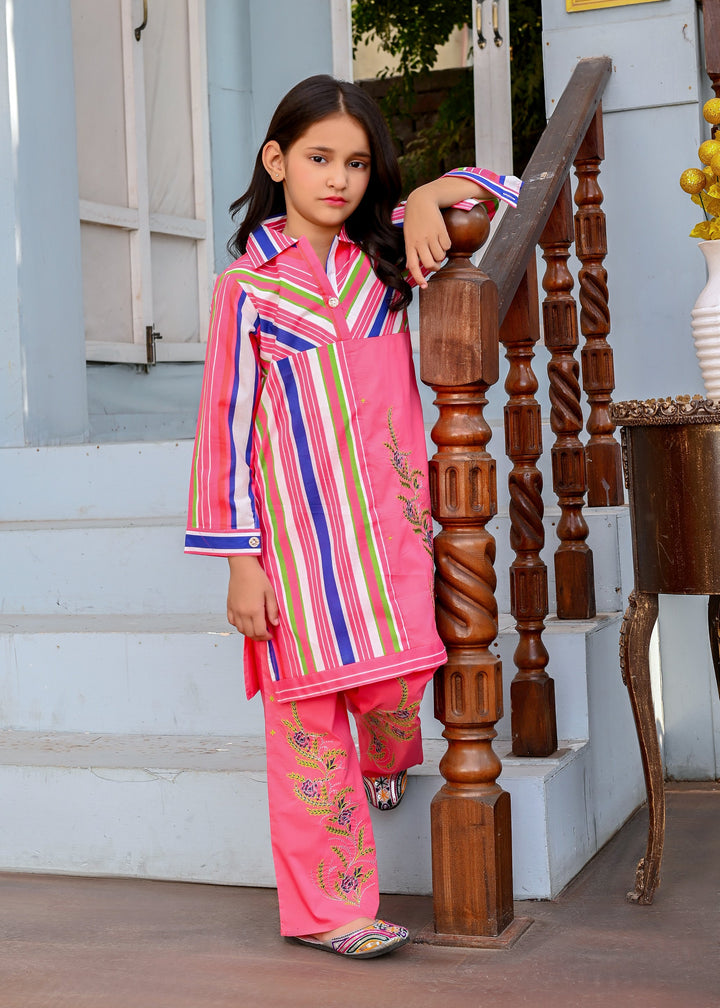 Girls' Vibrant Pink Striped Embroidered Two-Piece Fusion Suit
