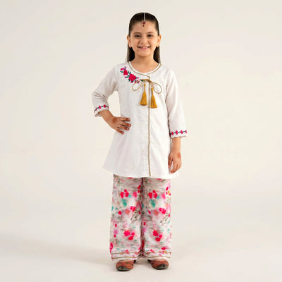 Little Girls White Angrakha Suit with Vibrant Floral Printed Palazzos