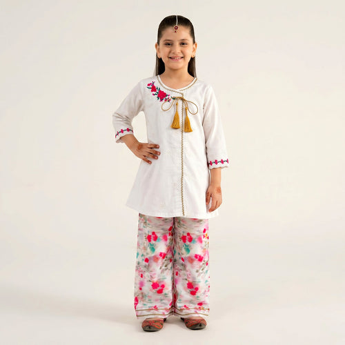 Little Girls White Angrakha Suit with Vibrant Floral Printed Palazzos