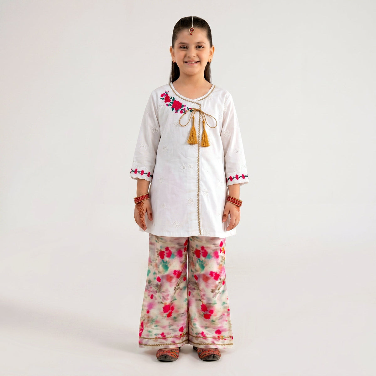 Little Girls White Angrakha Suit with Vibrant Floral Printed Palazzos Vesto.Pk