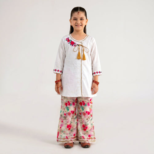 Little Girls White Angrakha Suit with Vibrant Floral Printed Palazzos