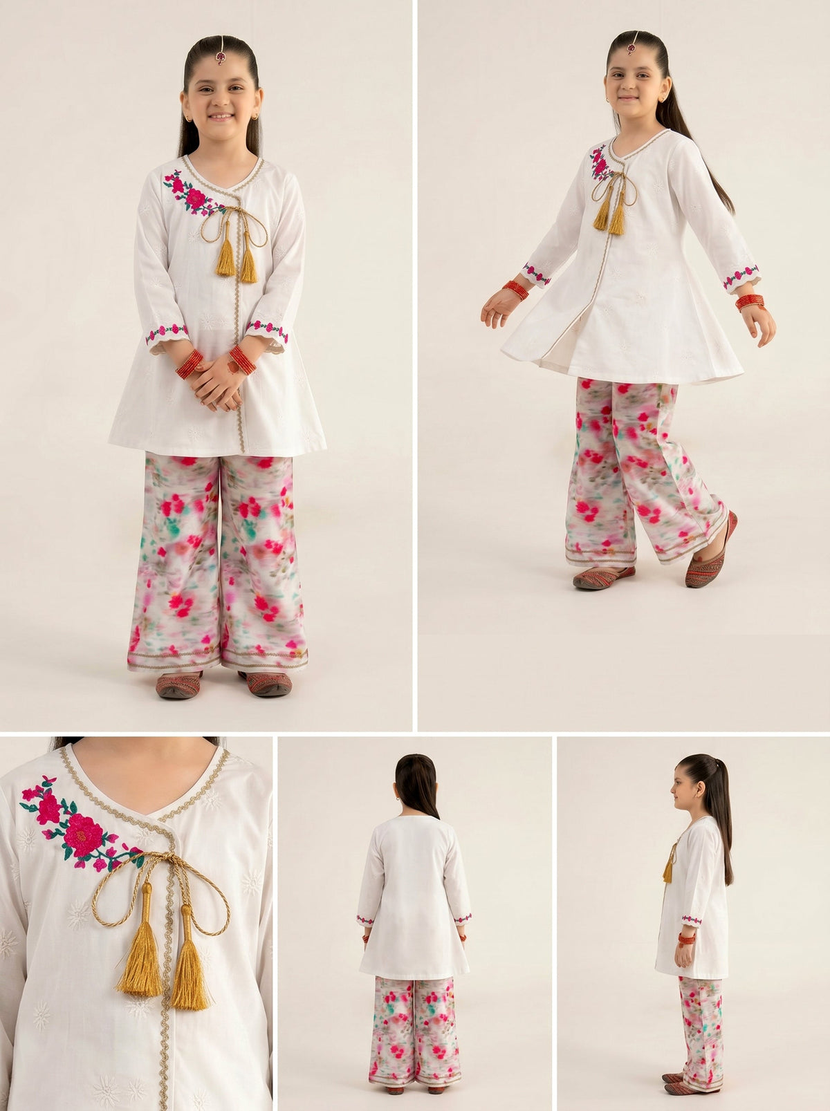 Little Girls White Angrakha Suit with Vibrant Floral Printed Palazzos Vesto.Pk