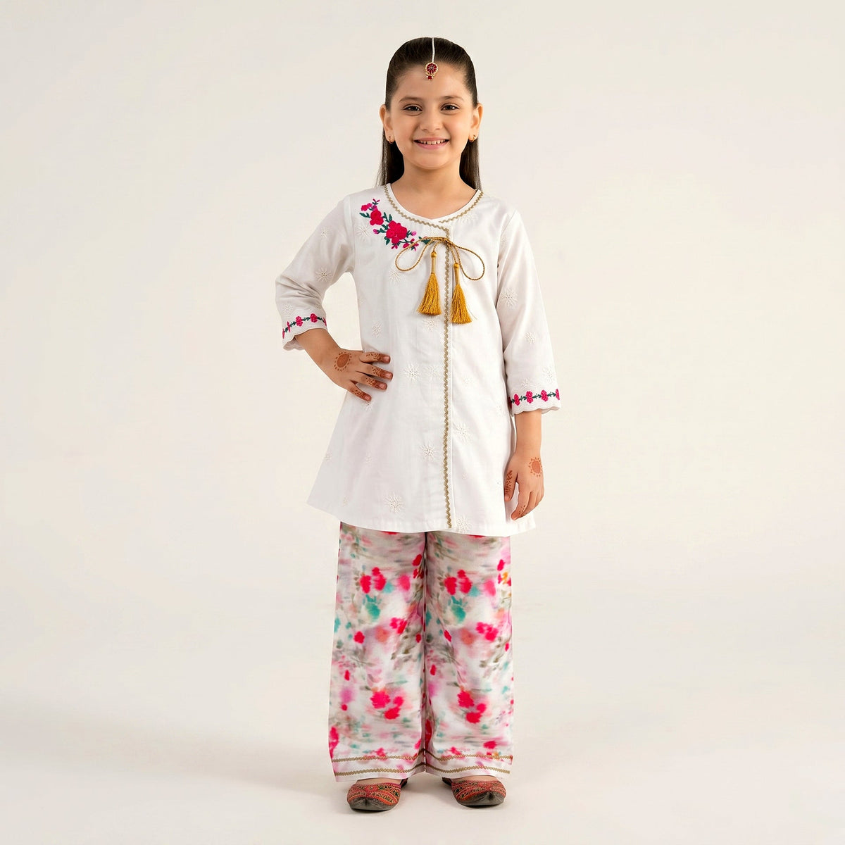 Little Girls White Angrakha Suit with Vibrant Floral Printed Palazzos Vesto.Pk