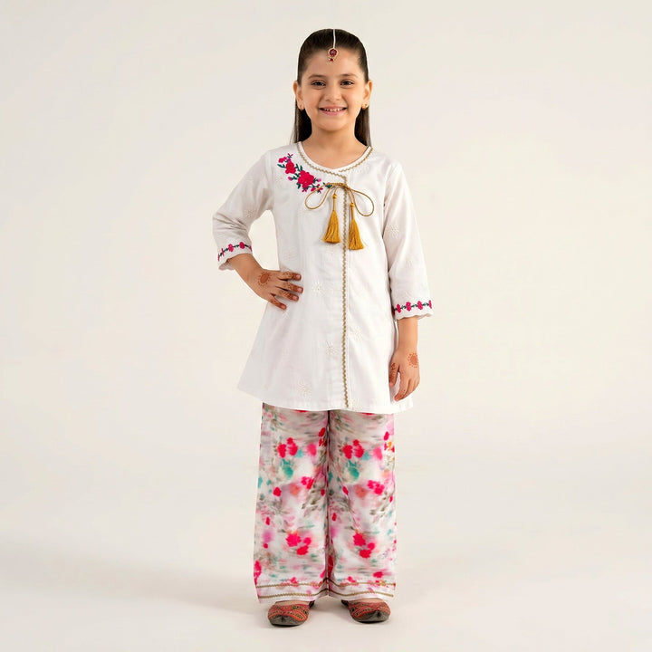 Little Girls White Angrakha Suit with Vibrant Floral Printed Palazzos