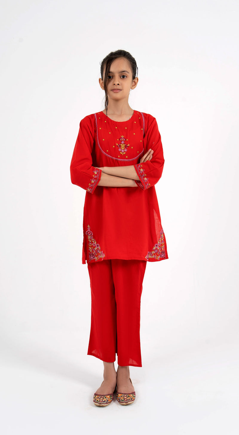 Vesto Kids | Vibrant Red Floral Embroidered 2-Piece Ethnic Suit
