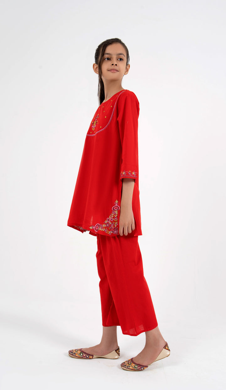 Vesto Kids | Vibrant Red Floral Embroidered 2-Piece Ethnic Suit