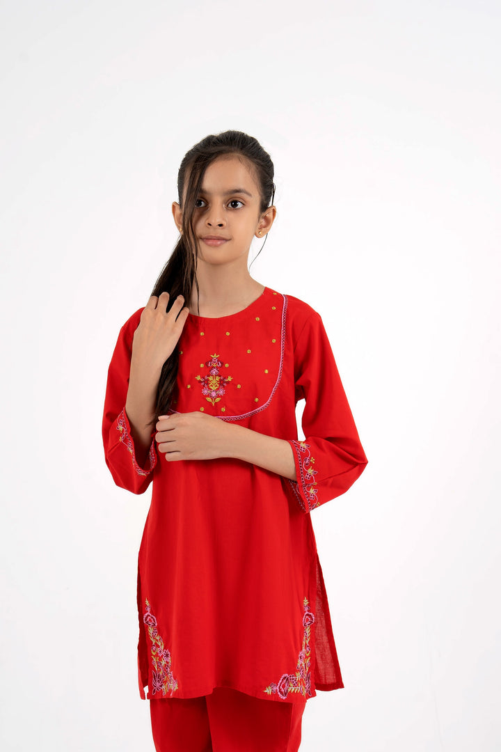Vesto Kids | Vibrant Red Floral Embroidered 2-Piece Ethnic Suit