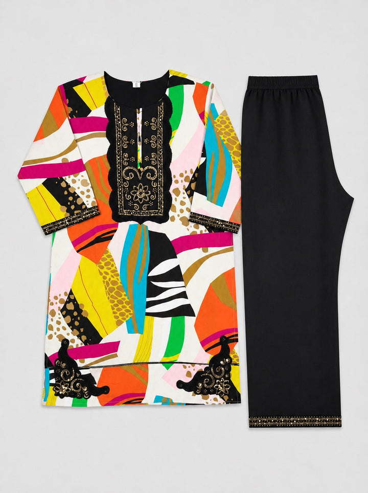 Vibrant Abstract Print 2-Piece Embroidered Lawn Suit