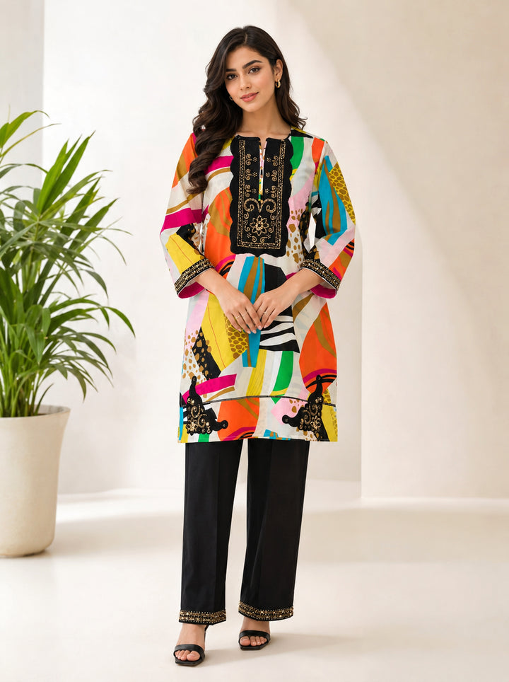 Vibrant Abstract Print 2-Piece Embroidered Lawn Suit