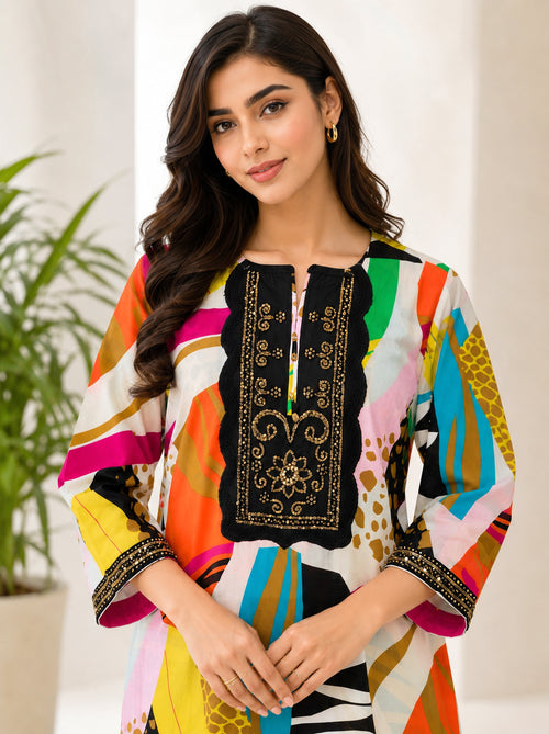Vibrant Abstract Print 2-Piece Embroidered Lawn Suit