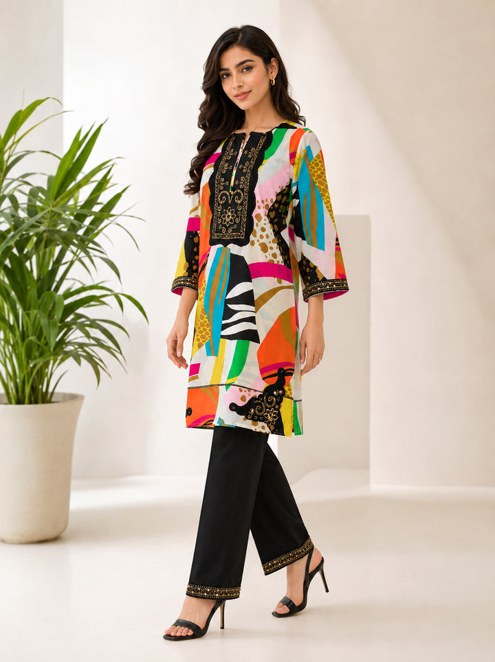 Vibrant Abstract Print 2-Piece Embroidered Lawn Suit