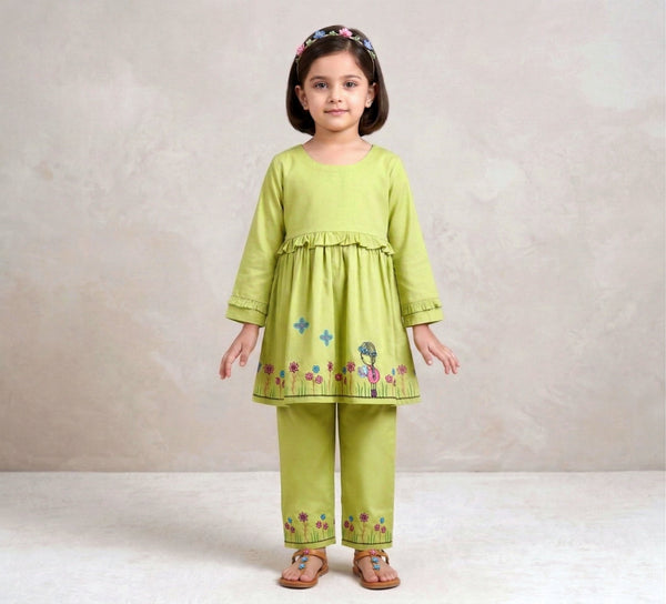 Vibrant Lime Green Girls' Floral Embroidered Tunic & Trouser Set - 2 Piece