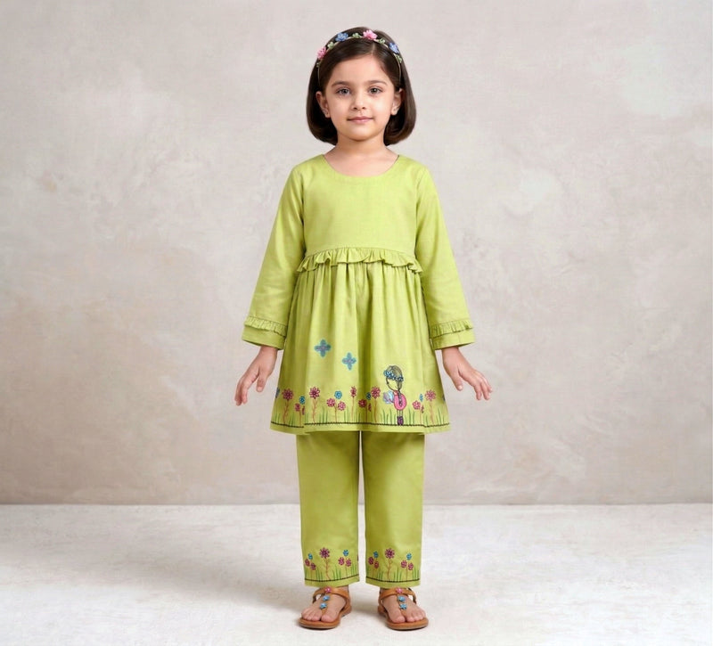 Vibrant Lime Green Girls' Floral Embroidered Tunic & Trouser Set - 2 Piece