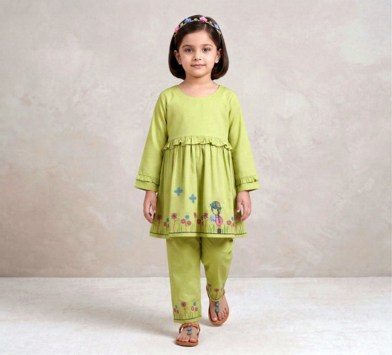 Vibrant Lime Green Girls' Floral Embroidered Tunic & Trouser Set - 2 Piece Vesto.Pk