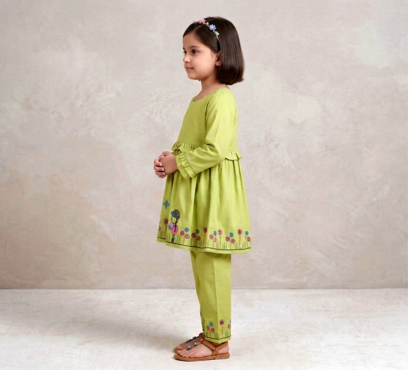 Vibrant Lime Green Girls' Floral Embroidered Tunic & Trouser Set - 2 Piece Vesto.Pk