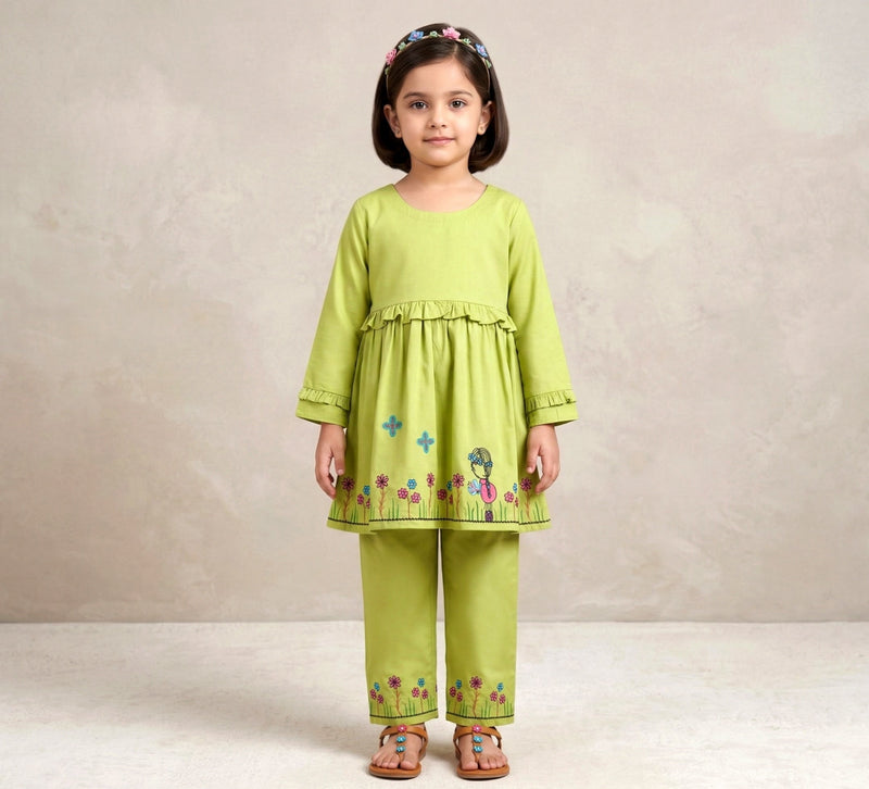 Vibrant Lime Green Girls' Floral Embroidered Tunic & Trouser Set - 2 Piece Vesto.Pk