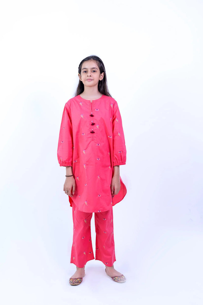 Vibrant Pink Embroidered Ethnic Suit for Girls | Premium Festive Two-Piece Set