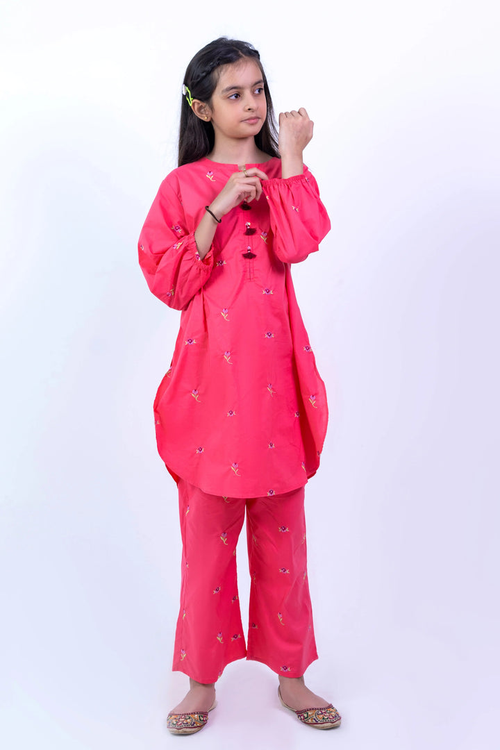 Vibrant Pink Embroidered Ethnic Suit for Girls | Premium Festive Two-Piece Set