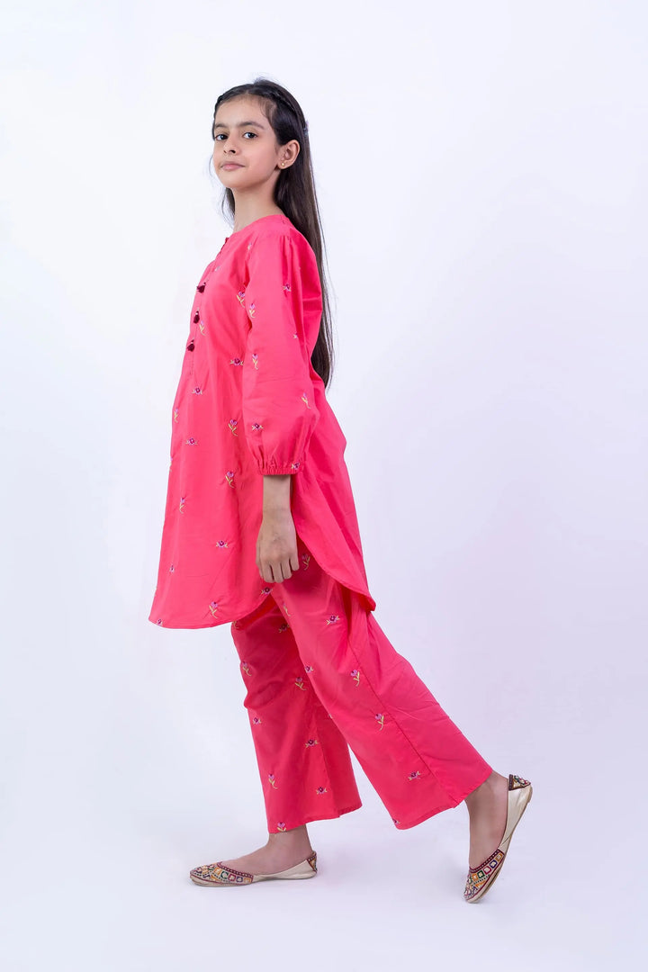 Vibrant Pink Embroidered Ethnic Suit for Girls | Premium Festive Two-Piece Set